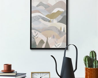 Abstract Landscape Wall Art, Neutral Tones Modern Home Decor, Printable Geometric Nature Illustration