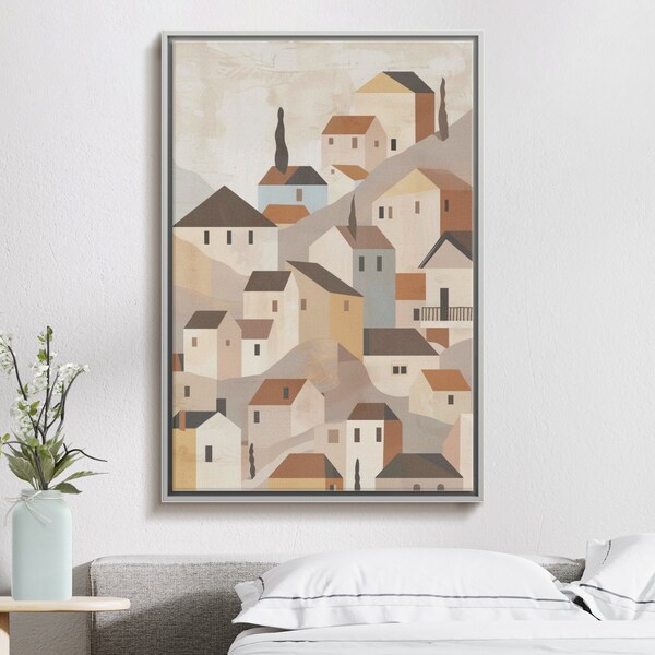 Abstract Village Canvas Print, Warm Tones Wall Art, Modern Rustic Home Decor, Geometric Landscape Illustration, Large Artwork