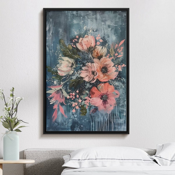Large Scale Abstract Floral Canvas Art SVG Large Wall Decor Blue and Pink Blossoms Painting Modern Home Decor Bedroom and Living Room Art