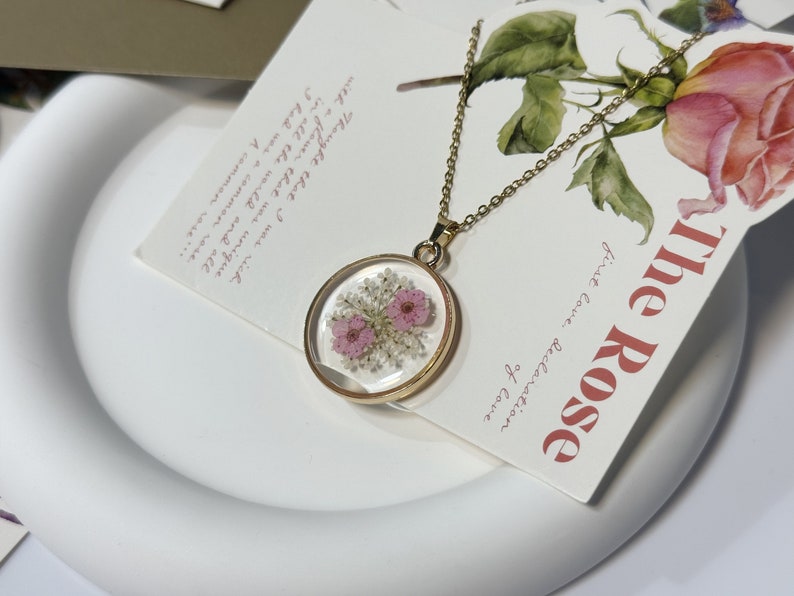 Forget Me Not Necklace, Real Pressed Flower NecklaceWildflower Necklace, Resin Jewelry, Handmade, Unique Gift for Her, Bridesmaid Jewelry Pink