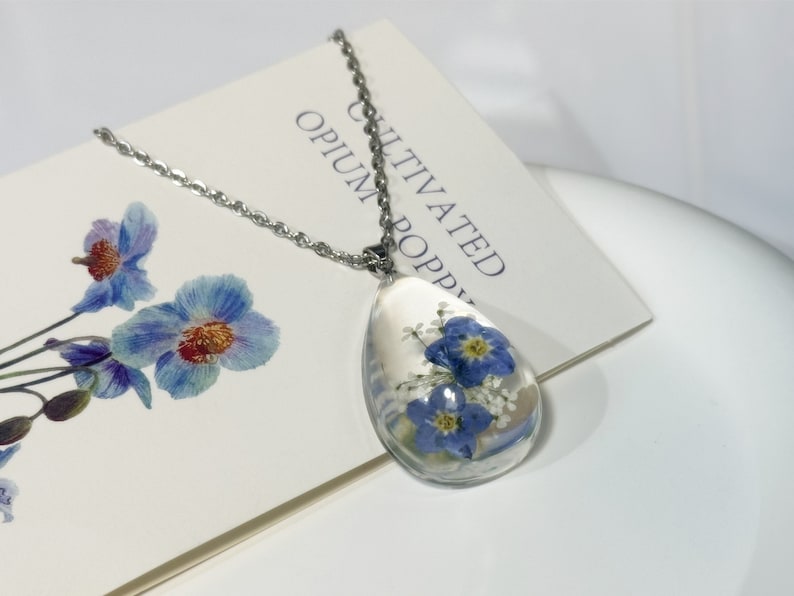 Forget Me Not Necklace, Real Pressed Flower NecklaceWildflower Necklace, Resin Jewelry, Handmade, Unique Gift for Her, Bridesmaid Jewelry New water drop