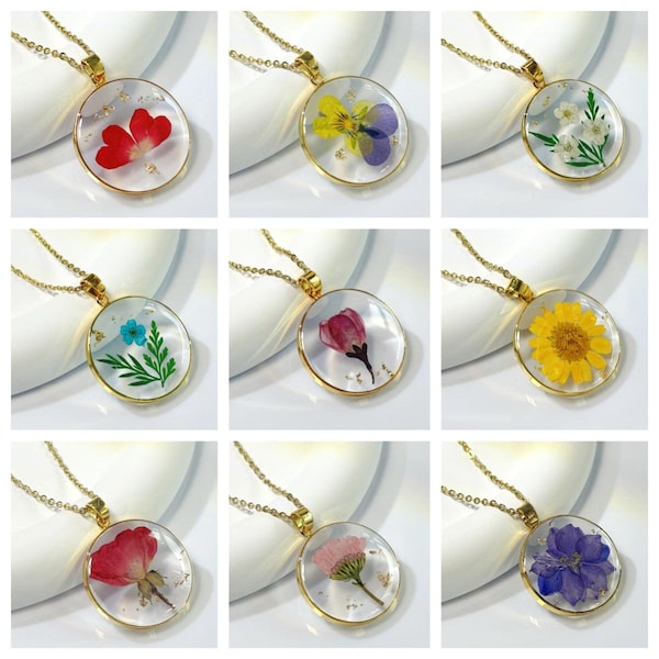 Collier de fleurs de mois de naissance, bijoux en résine de fleurs séchées, vrai collier de fleurs de mois de naissance fait main, collier de fleurs pressées, cadeaux d'anniversaire