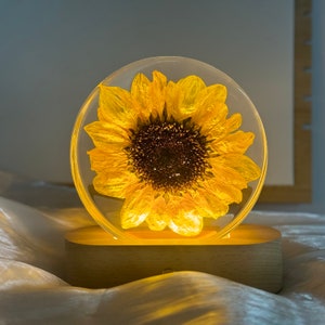 Fleur véritable en résine, Tournesol éternel, Bloc de résine de tournesol véritable citron, Ornement tournesol, Décoration d'intérieur, Lampe époxy, Boule de cristal tournesol