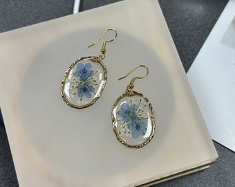 Handmade Jewelry,Gold Forget Me Not Flower Earrings, Real Pressed Flower Earrings, Dried Flower Resin Earrings,  Birthday Gift For Her