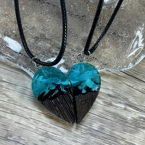 Wood resin paired heart pendants Mountains. Secret magical world inside necklace. Eco epoxy jewelry.  For man and woman,Perfect gift for her