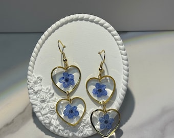 forget me not earrings,Double Heart shaped earrings with blue flowers set in clear resin,Real Pressed Flowers Dangle Earring, Gift for Her