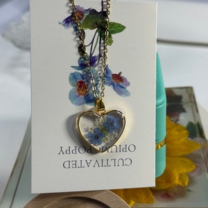Flower Forget Me Not in resin Necklace, Pressed Flower Jewelry,Heart pendant,Real Flower Necklace, floral necklace,Heart Necklace for Women image 5