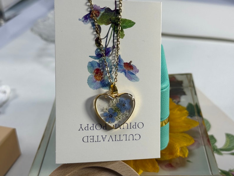 Flower Forget Me Not in resin Necklace, Pressed Flower Jewelry,Heart pendant,Real Flower Necklace, floral necklace,Heart Necklace for Women image 5