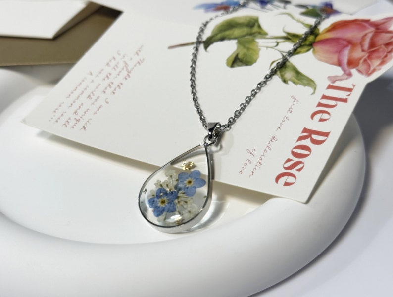 Forget Me Not Necklace, Real Pressed Flower NecklaceWildflower Necklace, Resin Jewelry, Handmade, Unique Gift for Her, Bridesmaid Jewelry water droplets