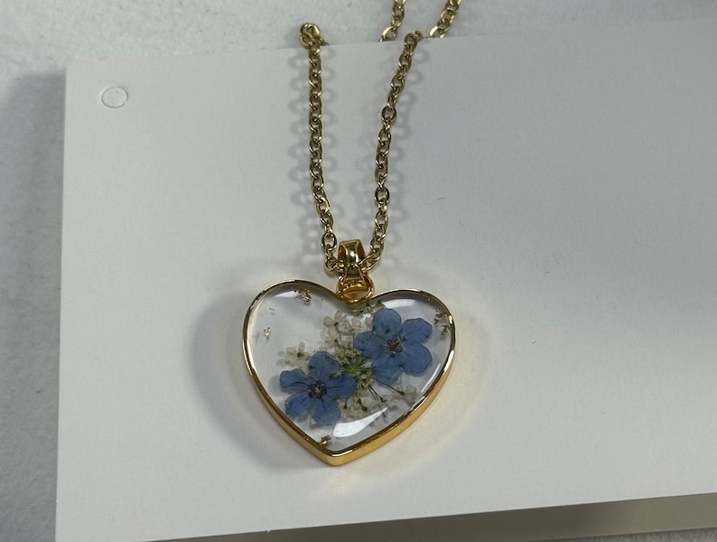 Flower Forget Me Not in resin Necklace, Pressed Flower Jewelry,Heart pendant,Real Flower Necklace, floral necklace,Heart Necklace for Women image 1