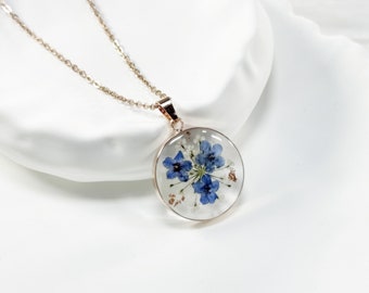 Forget Me Not Flower Necklace,Pressed flower necklace,Real Pressed Flower Necklace,Forgetmenot Pendant,rose gold necklace,Birthday Gift