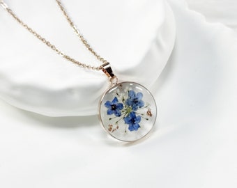 Collier de fleurs de ne m'oublier pas, collier de fleurs pressées, collier de vraies fleurs pressées, pendentif Forgetmenot, collier en or rose, cadeau d'anniversaire