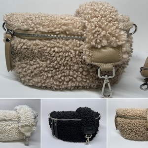 Teddy Tasche, Teddyfell, Plüsch Bauchtasche, Umhängetasche, Crossbody-Bag, Damentasche, Teddy Schulterriemen, Weich, Schwarz, Creme, Braun