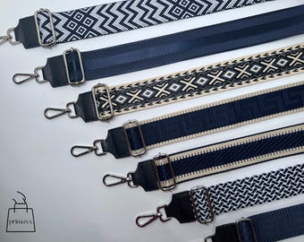 Navy Blau Echtleder Taschengurt, Taschenriemen, Gemustert, Schultergurt, Kameragurt, Schulterriemen für Damentasche, Bauchtasche, Dunkelblau