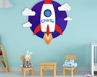 Personalised Name Rocket Space Ship Vinyl Wall Sticker Boys Bedroom Kids Nursery