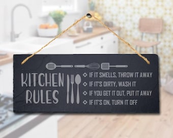Kitchen Rules If It Smells Laser Engraved Hanging Slate Kitchen Home Plaque Sign