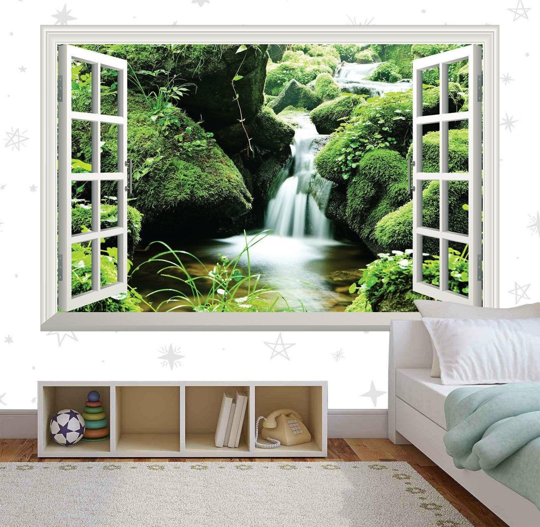 Green Forest Wall Sticker Croatia Waterfall 3d Window View Wall Decal ...