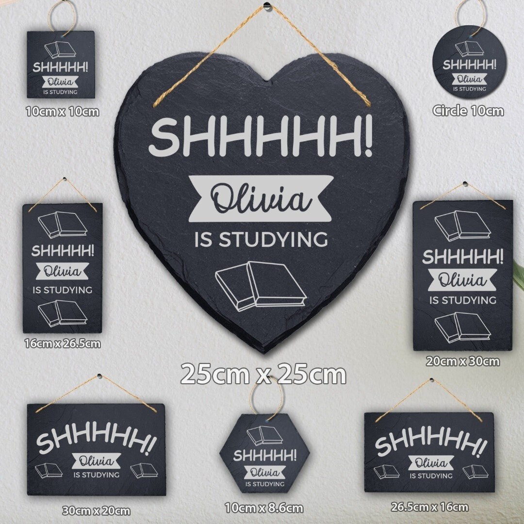 Only Study Sign Shhh Studying Sign Boy Girl Student Homework Personalised Hanging Slate ...