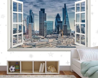 London Wall Sticker Cityscape Uk City 3d Window View Skyline Wall Decal Office Vinyl Wall Mural