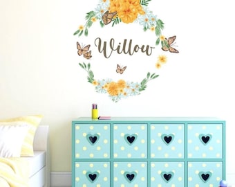 Personalised Flowers Name With Butterfly Wall Sticker, Girls Decal Kids Bedroom Vinyl Adhesive Custom Nursery