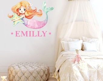 Personalised Mermaid Wall Sticker Name Decal Vinyl Girls Kids Nursery Bedroom