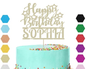 Personalised Glitter Happy Birthday Cake Topper Party Cake Age & Name Decoration