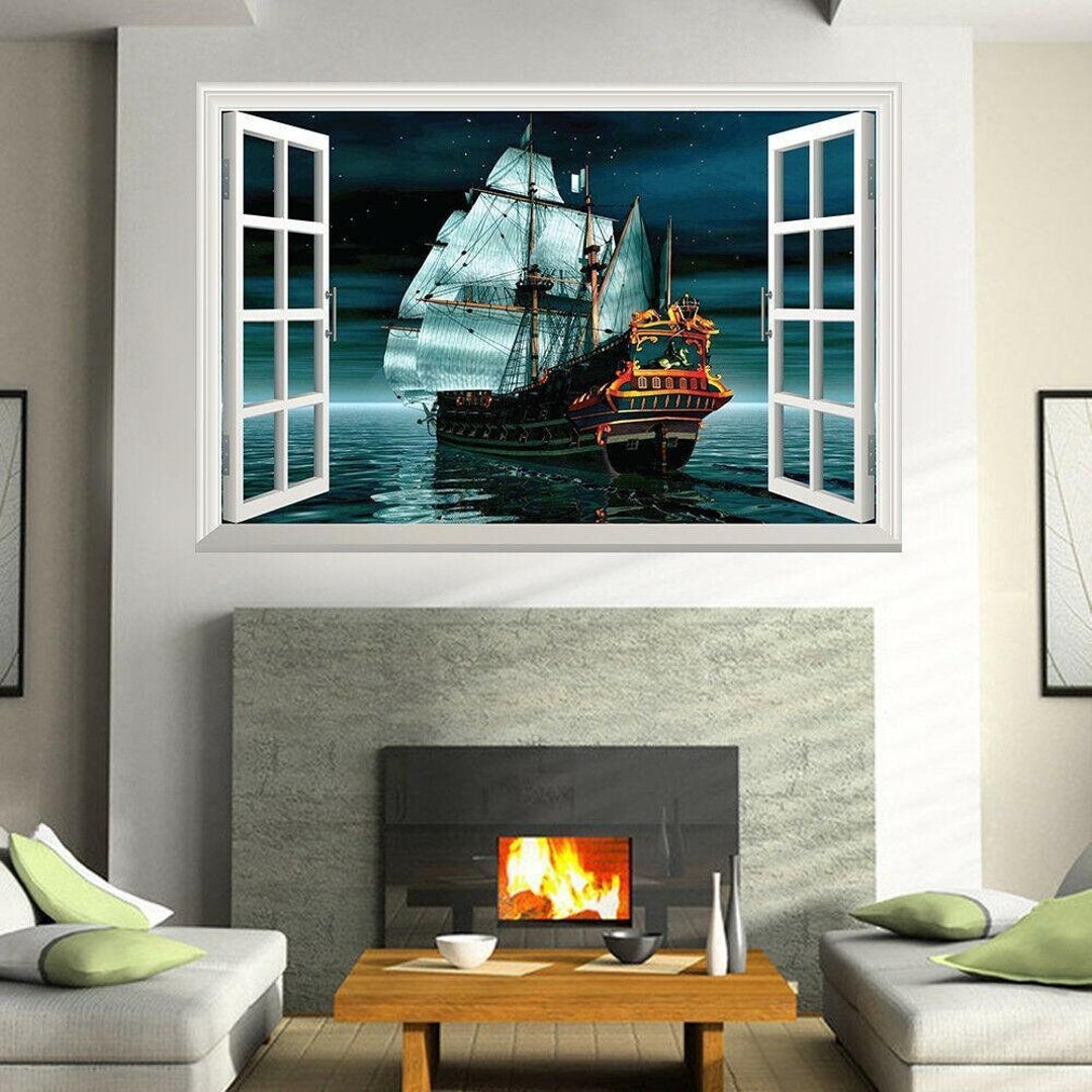 Pirate Ship Wall Sticker Decal Pirate Boat Ship Dark Sea Sailing 3D ...