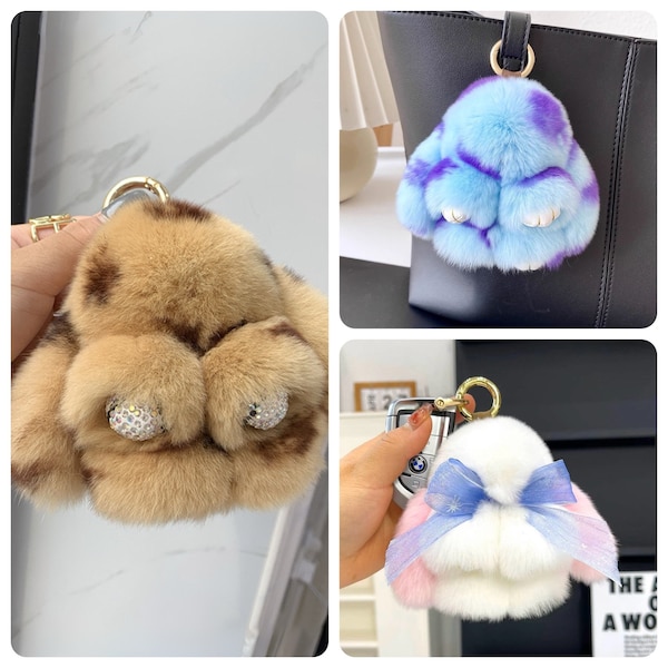 Real Rex Rabbit Fur Bow Keychain Pendant & Plush Bag Accessory - 3 Colors