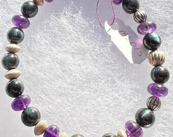 Amethyst Rondel & Blue Tiger Eye Stretch Bracelet with Sterling Silver Beads