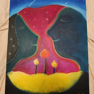 Un cuadro con pinturas se llama familia. Mi hija lo pintó sobre lienzo. Adecuado para el interior de la sala de estar de un niño, un excelente recuerdo y regalo.