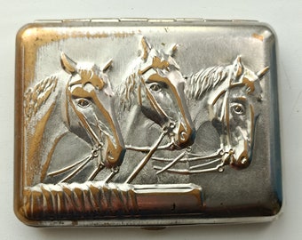 Cigarette case HORSES Vintage USSR Rare Old Brass Nickel plated 1970s