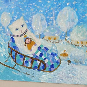 Painting- picture.Oil on canvas.Alice on Wonderland.Beautiful white cat and winter.Gift or souvenir.