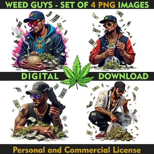 Weed Guys PNG-bundel T-SHIRT SUBLIMATIEontwerp, instant png-download, contant geld en dollarbiljetten clipart, cannabisillustraties