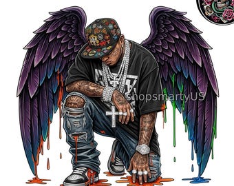 Hip Hop Angel PNG, T-SHIRT SUBLIMATION design, urban Kneeling Character, Streetwear Design, Rap Style