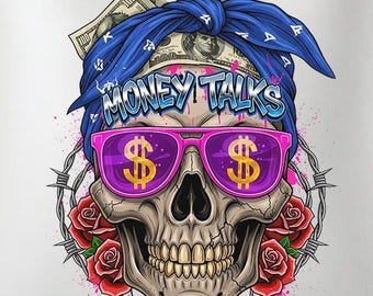 Street Style Skull PNG, Dollar Glasses, T-Shirt Design (Digital Download)