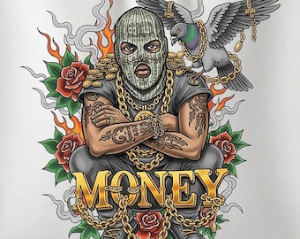 Plik SUBLIMACJA KOSZULKI w stylu Gangsta Money Tattoo, natychmiastowe pobranie PNG, projekt miejskiego streetwearu
