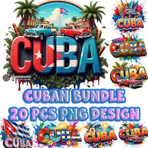 Può includere: Un pacchetto di arte digitale con la parola "CUBA" in grassetto, con colori patriottici, con auto d'epoca e immagini della bandiera cubana. Sono inclusi anche i testi "CUBAN BUNDLE" e "20 PCS PNG DESIGN". Palme ed elementi tropicali completano il design.