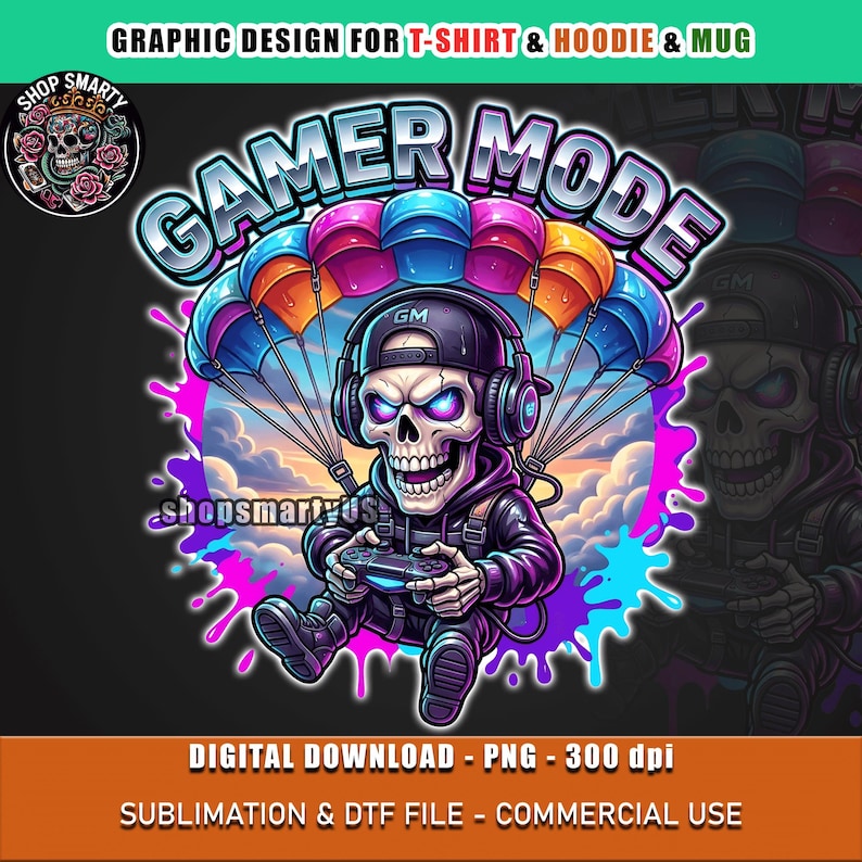 Colorful gamer skull illustration parachuting through the sky while holding a game controller, wearing headphones and a cap, surrounded by vibrant paint splashes. Bold streetwear-style gaming graphic with neon colors and graffiti-inspired design, perfect for gamer t-shirt design, sublimation prints, and gaming merchandise.