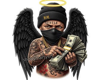 Hustle Angel PNG Download, Urban Streetwear Tattoo Art, Money Wings Sublimation Design, Gangster Cherub Digital Download T-Shirt Graphic