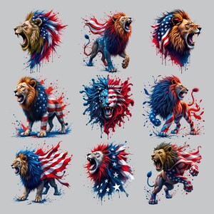 Pode incluir: Nove ilustrações digitais de leões com designs de bandeiras americanas. Cada leão é retratado com uma pose diferente e a bandeira americana é incorporada ao design de várias maneiras, incluindo como juba, capa e fundo.