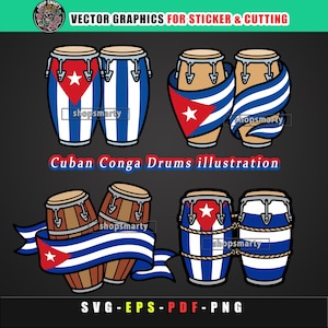 May include: A digital illustration set featuring four variations of conga drums decorated with the Cuban flag colours of blue, white, and red, including star motifs and ribbon accents. The text "Cuban Conga Drums illustration" is centred below.