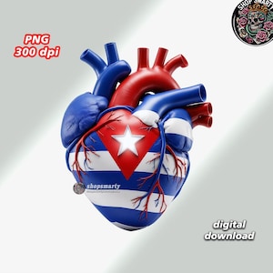 以下が含まれることがあります： 赤、青、白の解剖学的心臓で、前面にキューバの国旗が描かれています。心臓は3Dレンダリングで、リアルなテクスチャになっています。