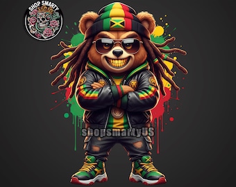 Oso de peluche reggae rasta PNG, diseño para sublimación de camisetas, descarga digital