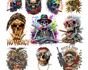 Gangster Skull T-Shirt Design PNG Bundle, DTF Transfer, Sublimation Clipart
