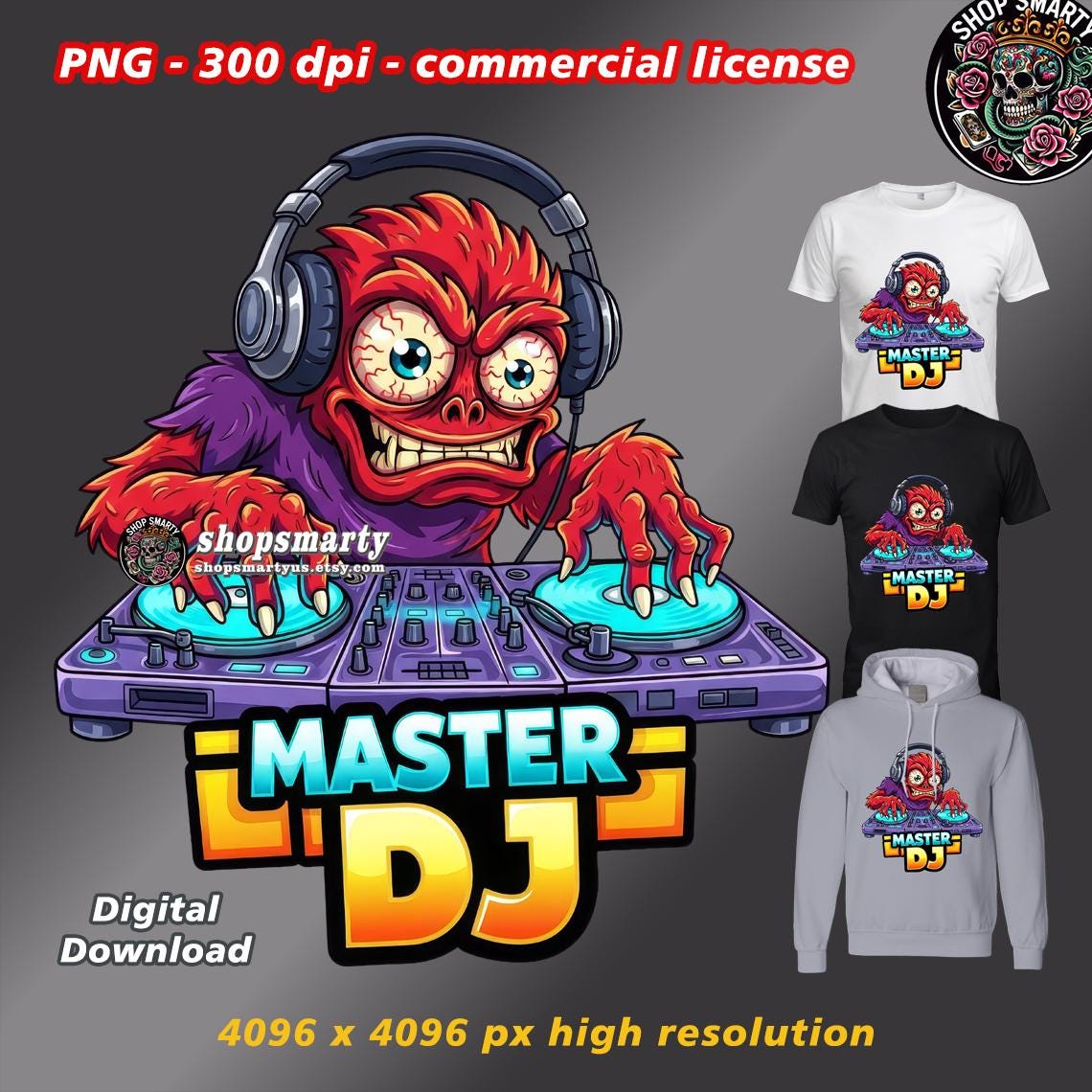 Monster DJ PNG, Funny Mascot Character for Music T-shirt