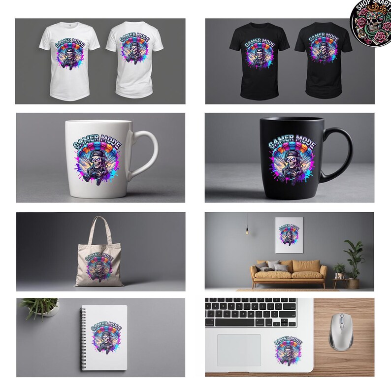 Streetwear-inspired gaming illustration showing a skull gamer wearing headphones and controlling a video game while parachuting through colorful clouds. Surrounded by bright paint splashes and neon tones, this graphic design is perfect for gaming t-shirts, sublimation printing, gamer merchandise, and digital artwork.