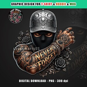 ギャングスタマスクキャラクターPNG、Tシャツ昇華プリント用アーバングラフィックデザイン、タトゥーアーム、エッジの効いたクリップアート（デジタルダウンロード）