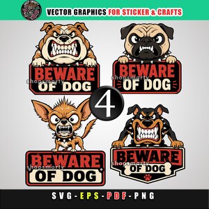 Könnte beinhalten: Ein Set aus vier Vektorgrafiken mit Cartoon-Hunden mit aggressivem Ausdruck, die jeweils ein Stachelhalsband tragen. Die Designs enthalten den Text BEWARE OF DOG in Rot und Schwarz. Die Hunde sind eine Bulldogge, ein Mops, ein Chihuahua und ein Rottweiler.