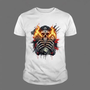 urban skull holding burning dollar bills in hand, money t-shirt design, sublime png, graphic tee design, instant png download