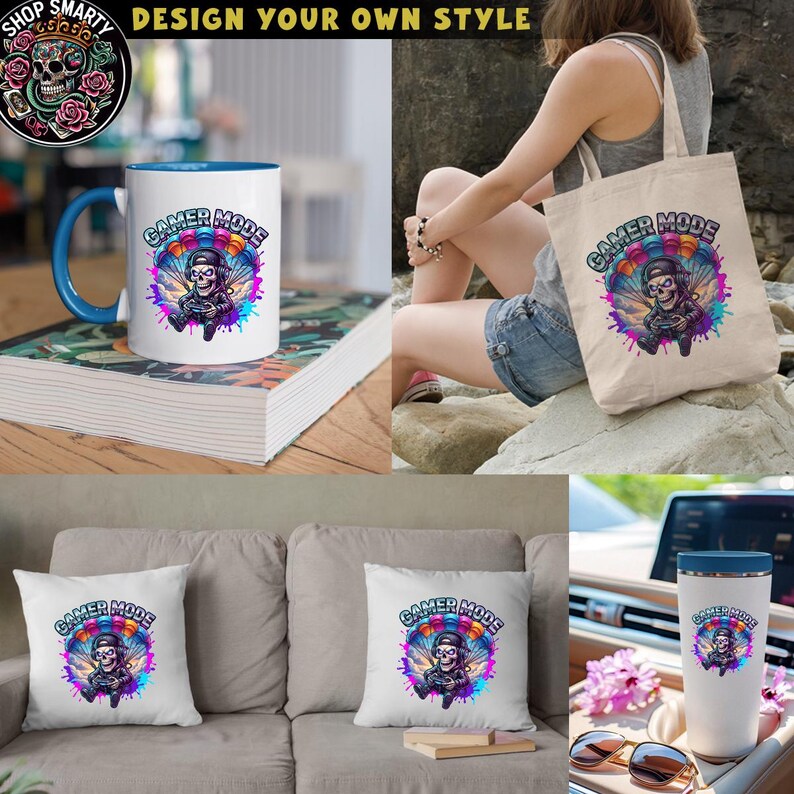 Bold gamer skull graphic with parachute and controller, designed with vibrant colors and graffiti splatter background. The skeleton gamer character wears a headset and cap while floating through clouds, creating a fun and energetic gaming illustration perfect for t-shirt design, streetwear artwork, and gaming merchandise.